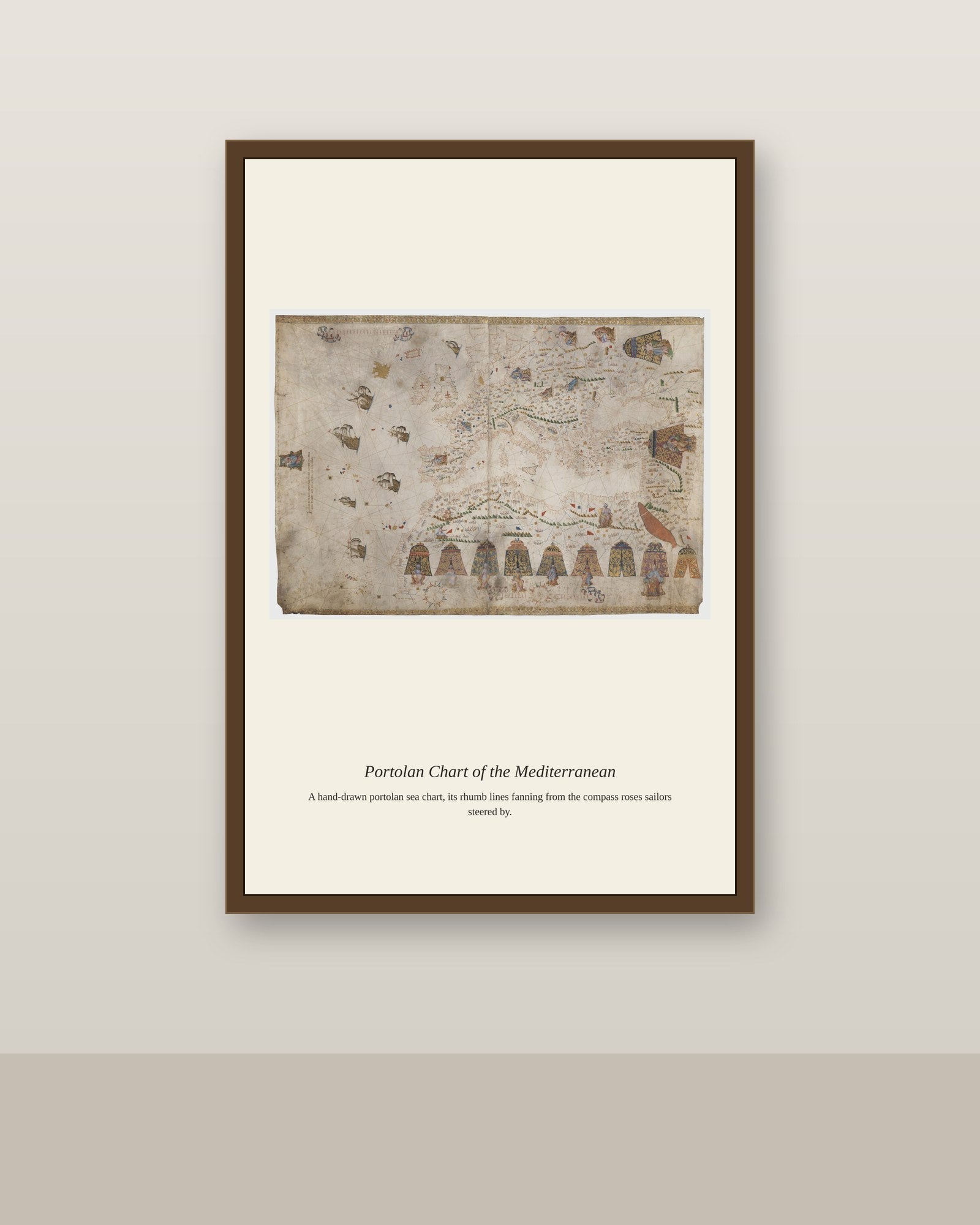 Portolan Chart of the Mediterranean (3) antique nautical chart print shown framed on a wall in a styled room