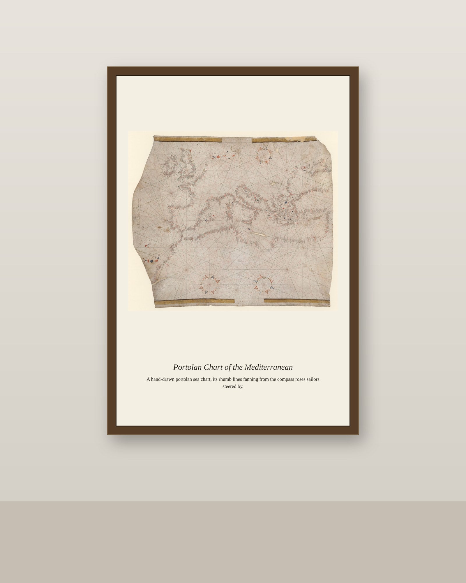 Portolan Chart of the Mediterranean (4) antique nautical chart print shown framed on a wall in a styled room