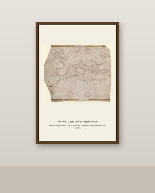Portolan Chart of the Mediterranean (4) antique nautical chart print shown framed on a wall in a styled room