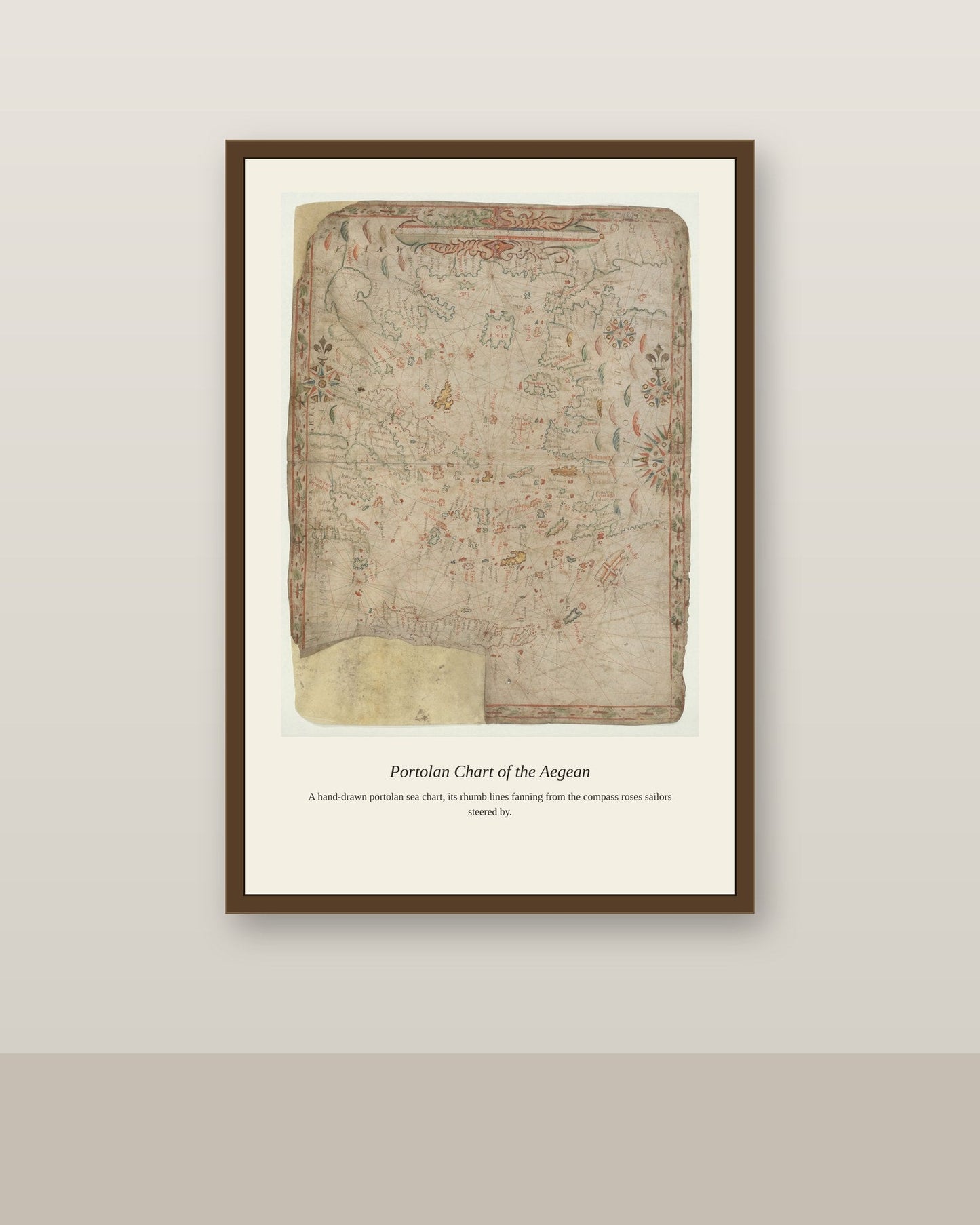 Portolan Chart of the the Aegean Sea antique nautical chart print shown framed on a wall in a styled room