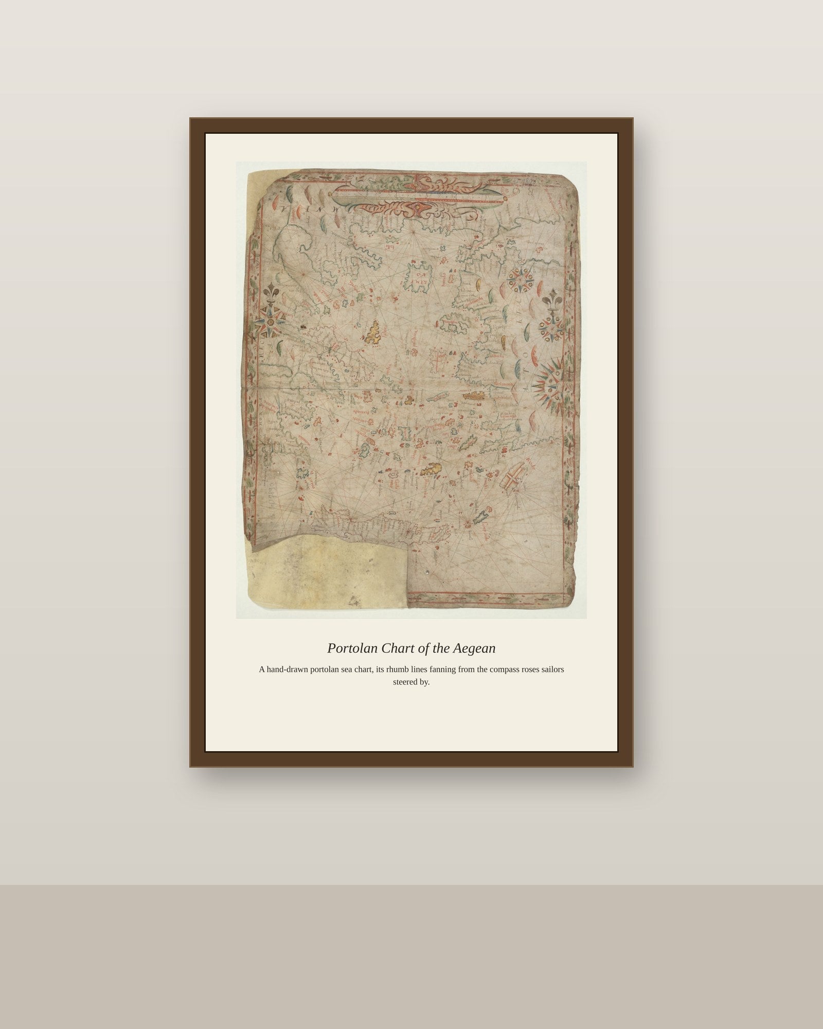 Portolan Chart of the the Aegean Sea antique nautical chart print shown framed on a wall in a styled room