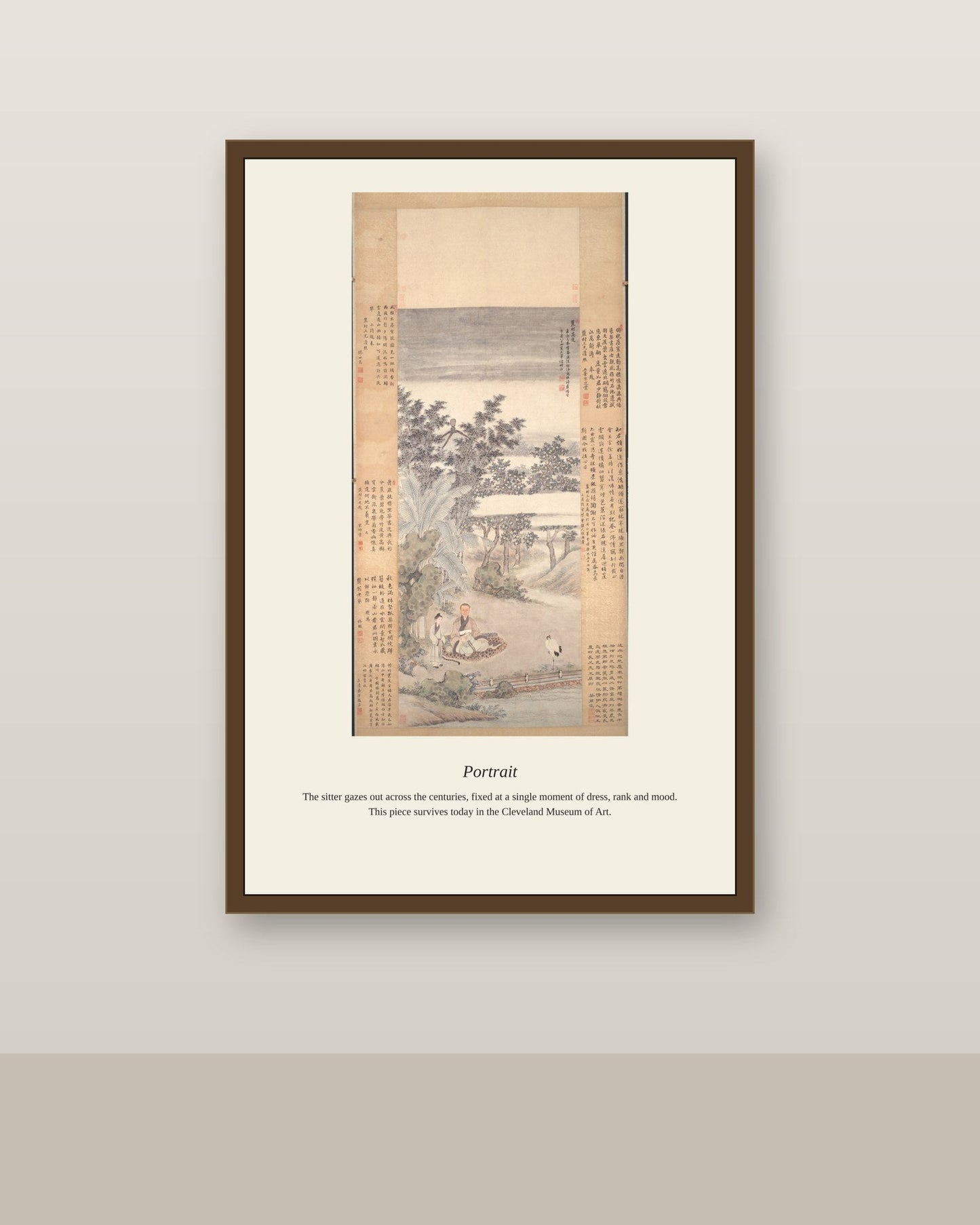 Portrait antique portrait print shown framed on a wall in a styled room