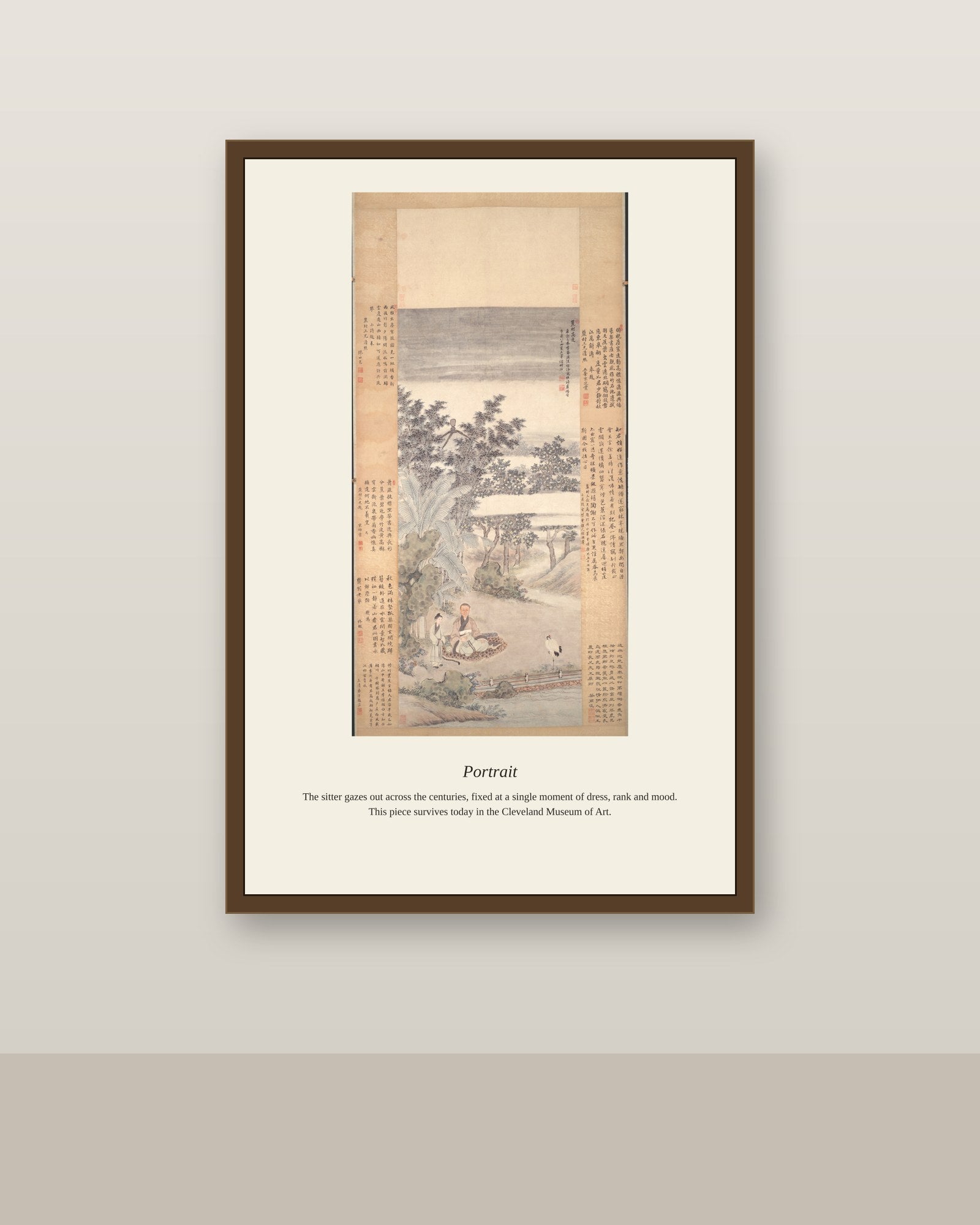 Portrait antique portrait print shown framed on a wall in a styled room