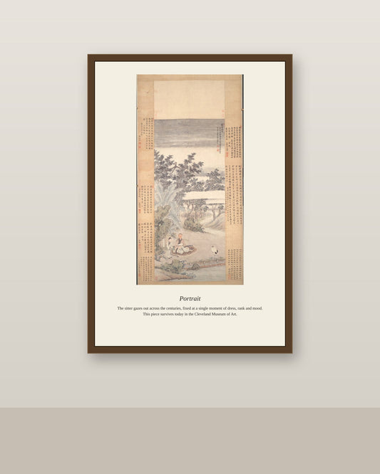 Portrait antique portrait print shown framed on a wall in a styled room