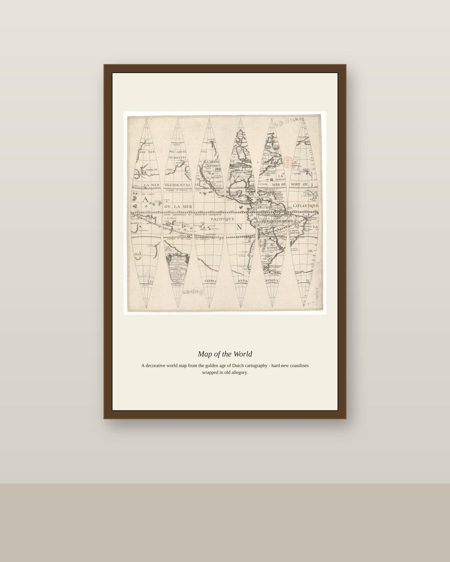 Portrait du Globe Terraquee Par Pierre Courtin (2) antique art print shown framed on a wall in a styled room