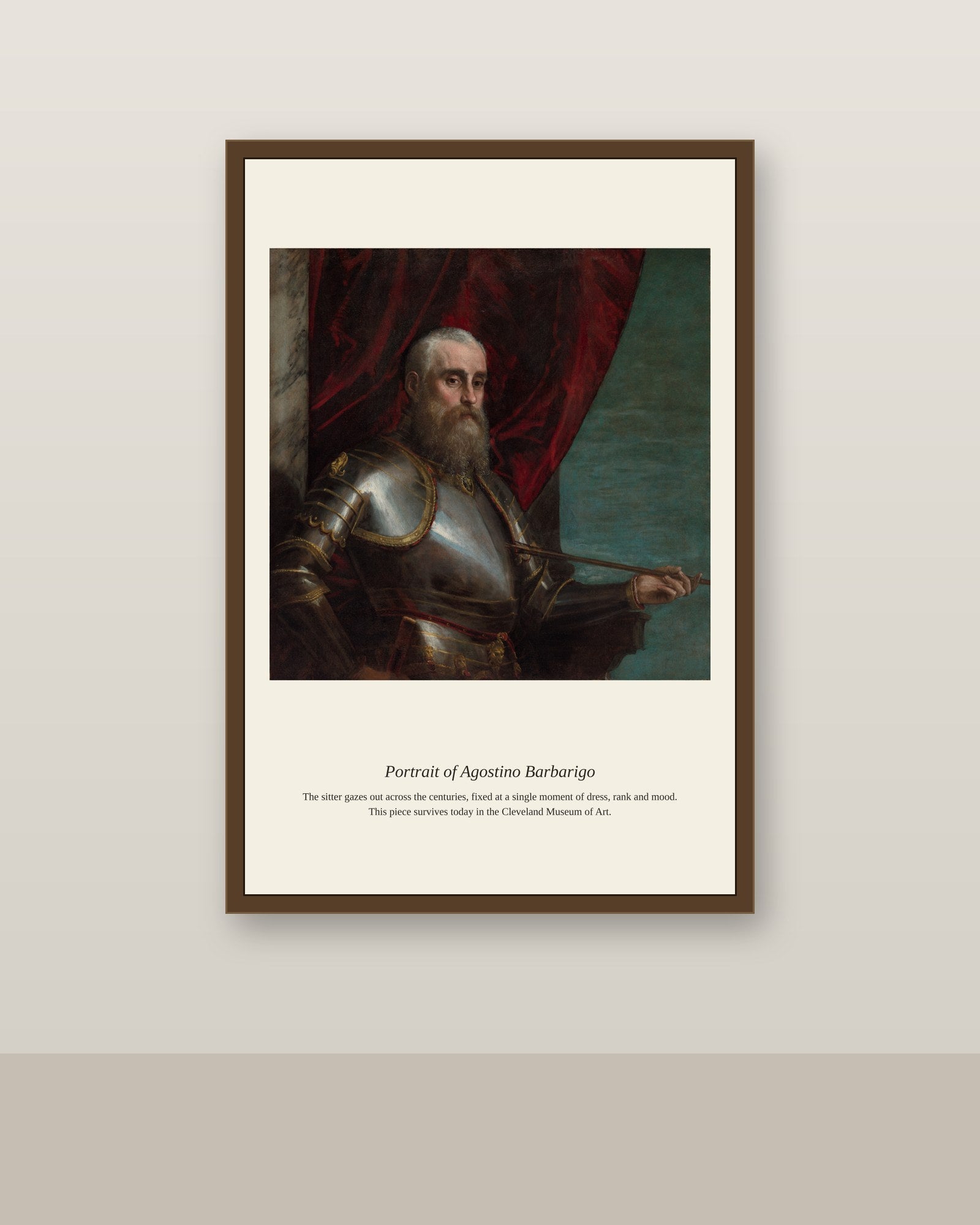 Portrait of Agostino Barbarigo antique portrait print shown framed on a wall in a styled room