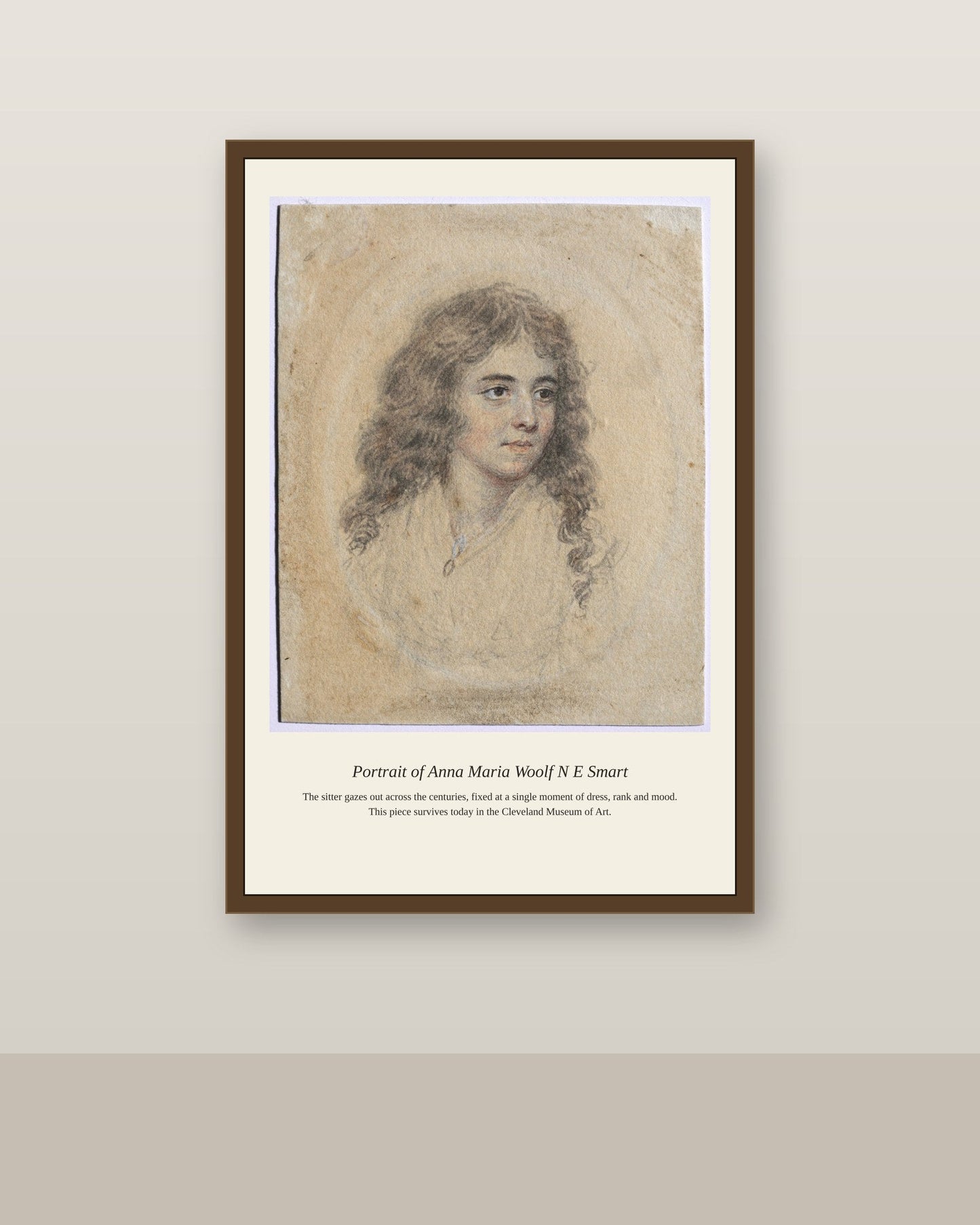 Portrait of Anna Maria Woolf N E Smart antique portrait print shown framed on a wall in a styled room
