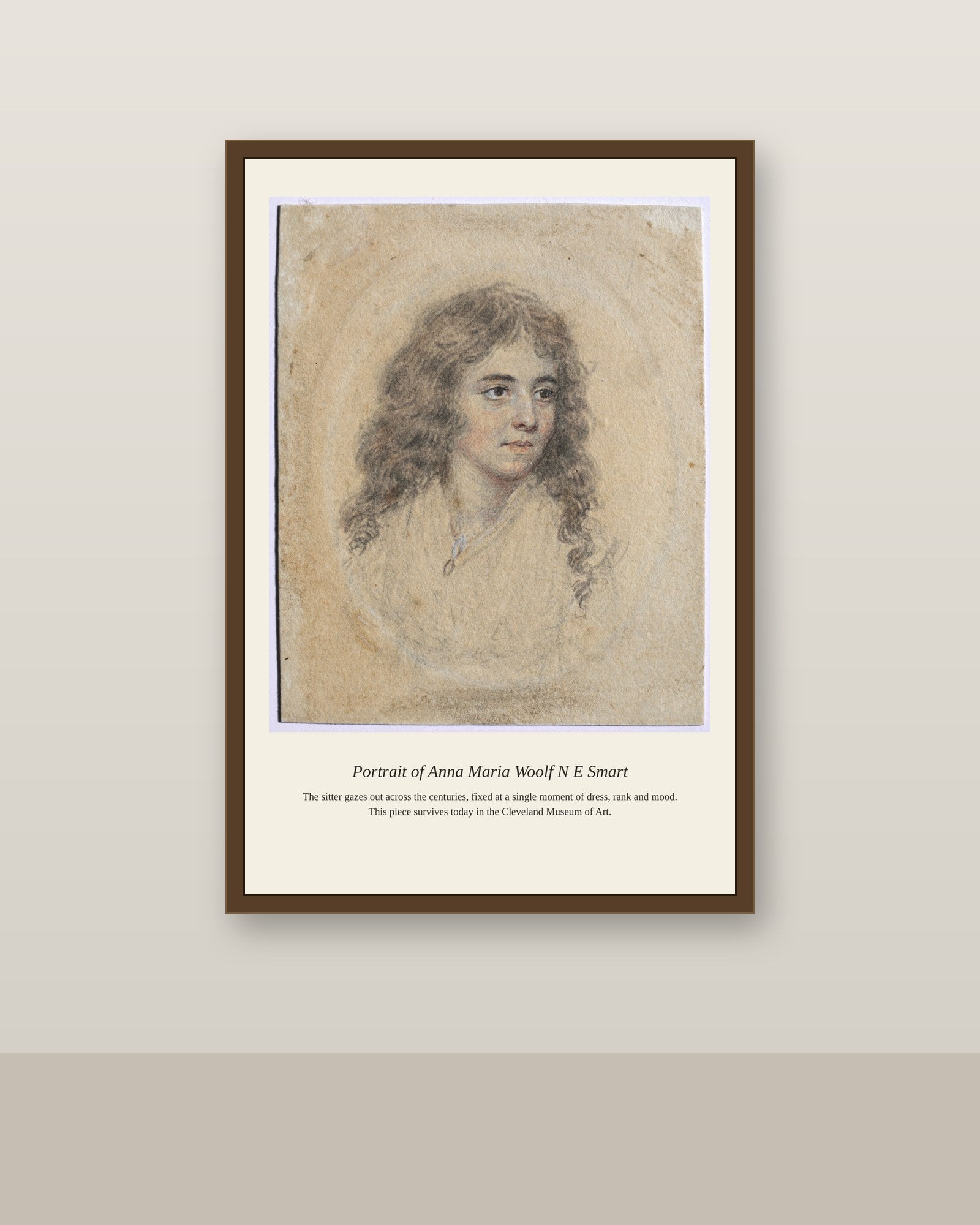 Portrait of Anna Maria Woolf N E Smart antique portrait print shown framed on a wall in a styled room