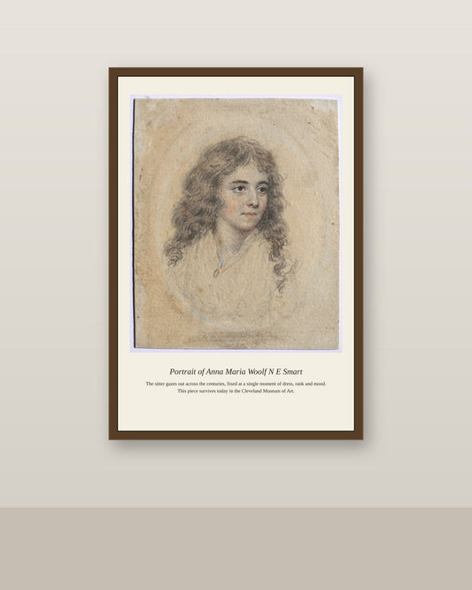 Portrait of Anna Maria Woolf N E Smart antique portrait print shown framed on a wall in a styled room