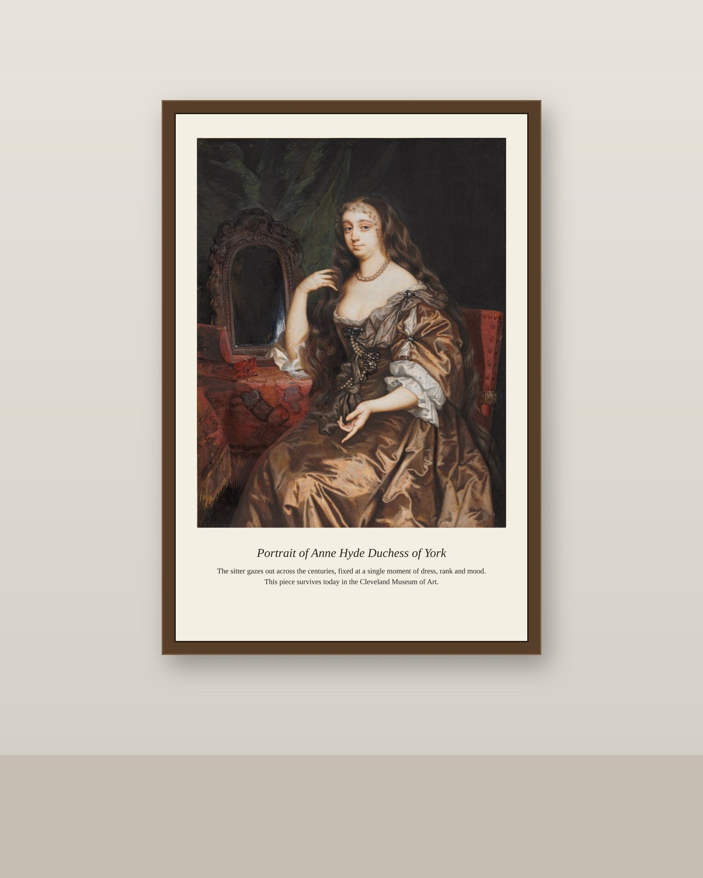 Portrait of Anne Hyde Duchess of York antique portrait print shown framed on a wall in a styled room