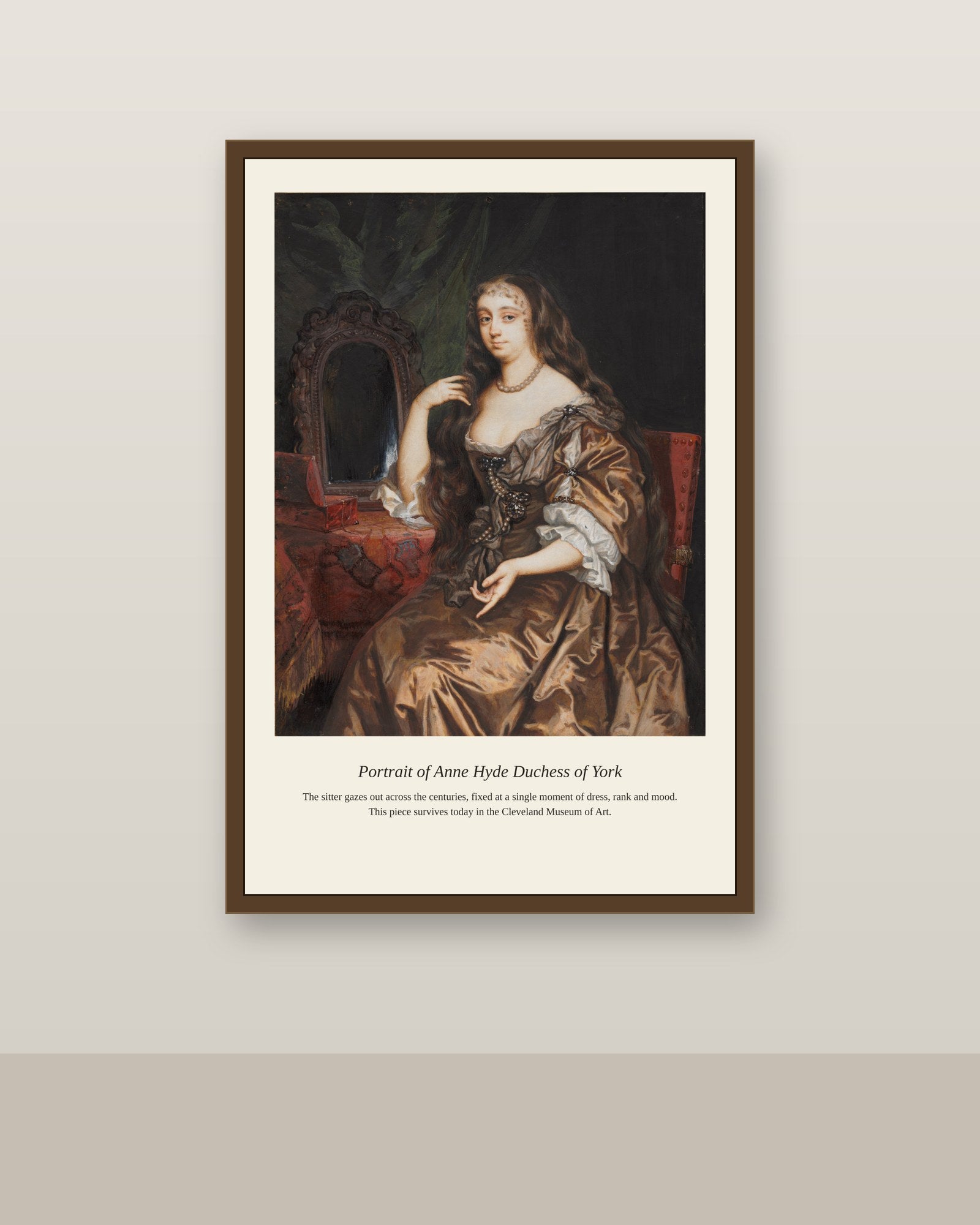 Portrait of Anne Hyde Duchess of York antique portrait print shown framed on a wall in a styled room