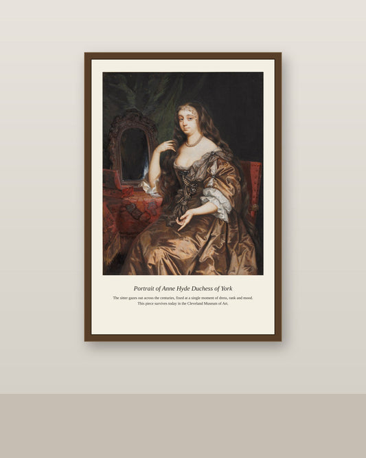 Portrait of Anne Hyde Duchess of York antique portrait print shown framed on a wall in a styled room