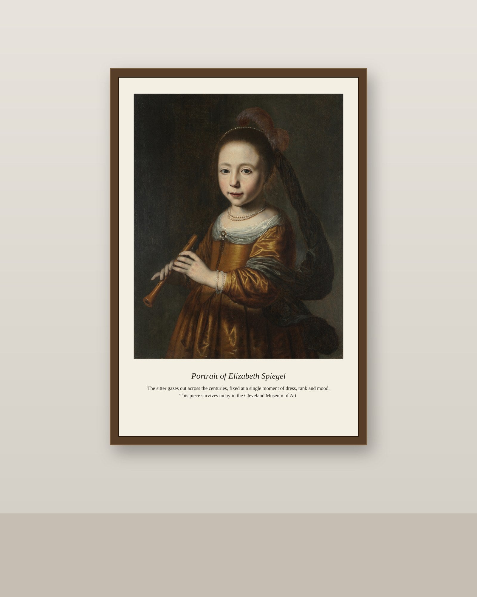 Portrait of Elizabeth Spiegel antique portrait print shown framed on a wall in a styled room