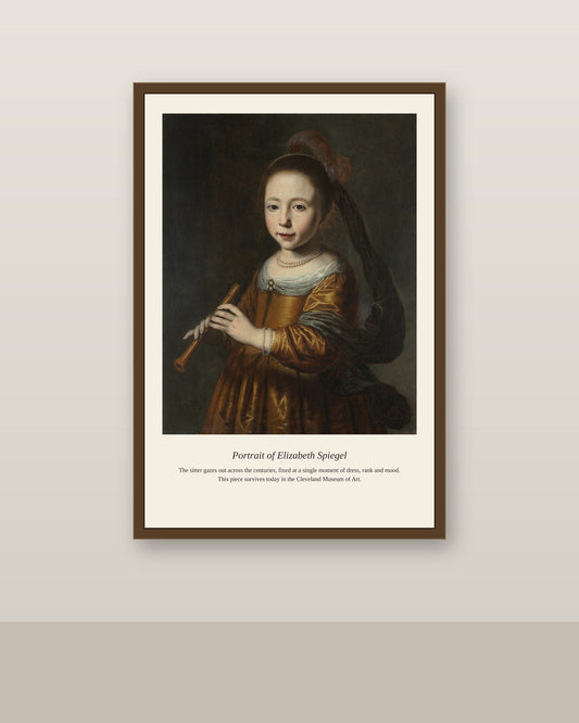 Portrait of Elizabeth Spiegel antique portrait print shown framed on a wall in a styled room