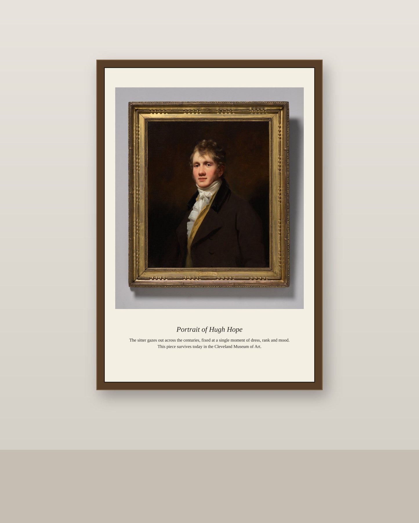 Portrait of Hugh Hope antique portrait print shown framed on a wall in a styled room