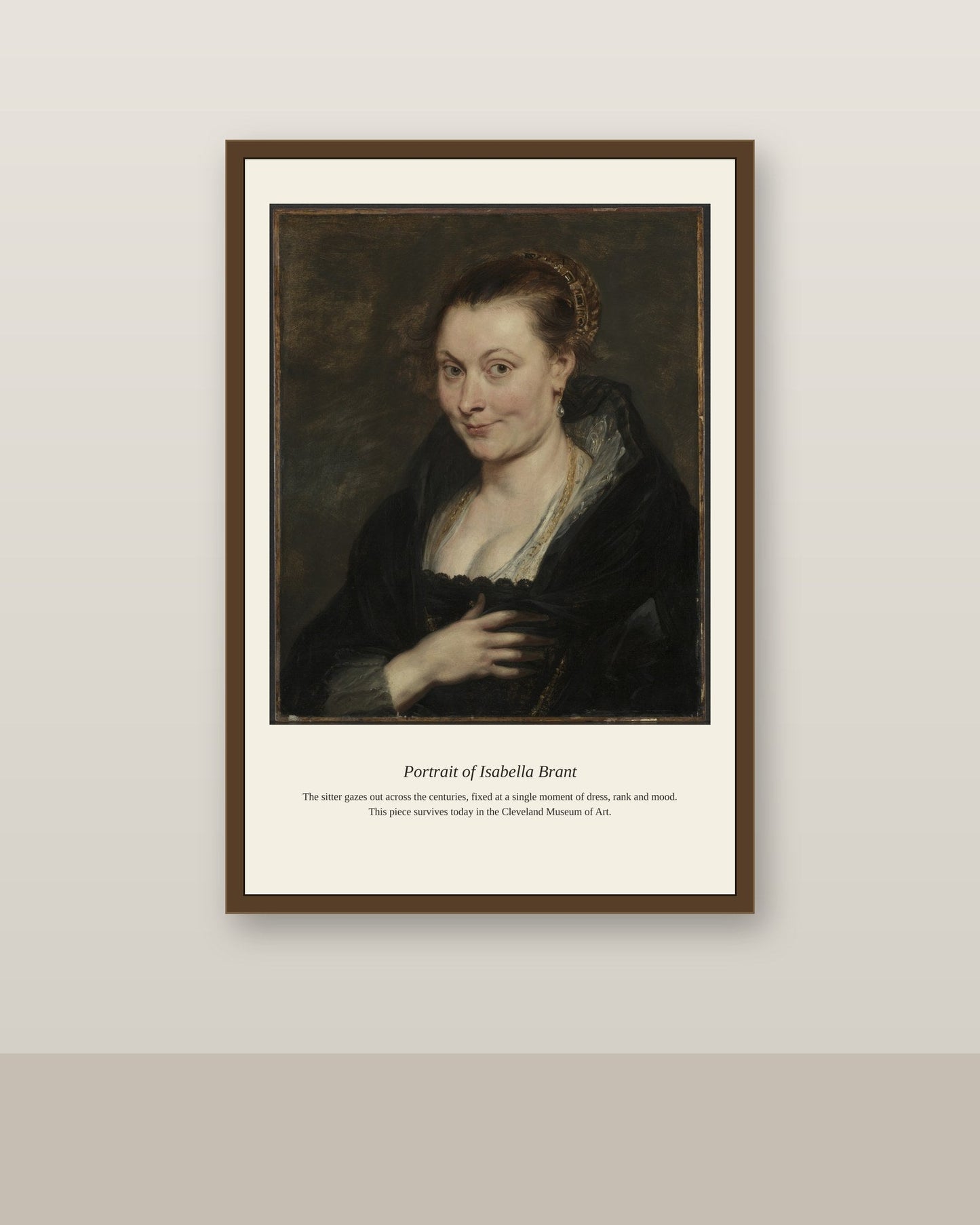 Portrait of Isabella Brant antique portrait print shown framed on a wall in a styled room