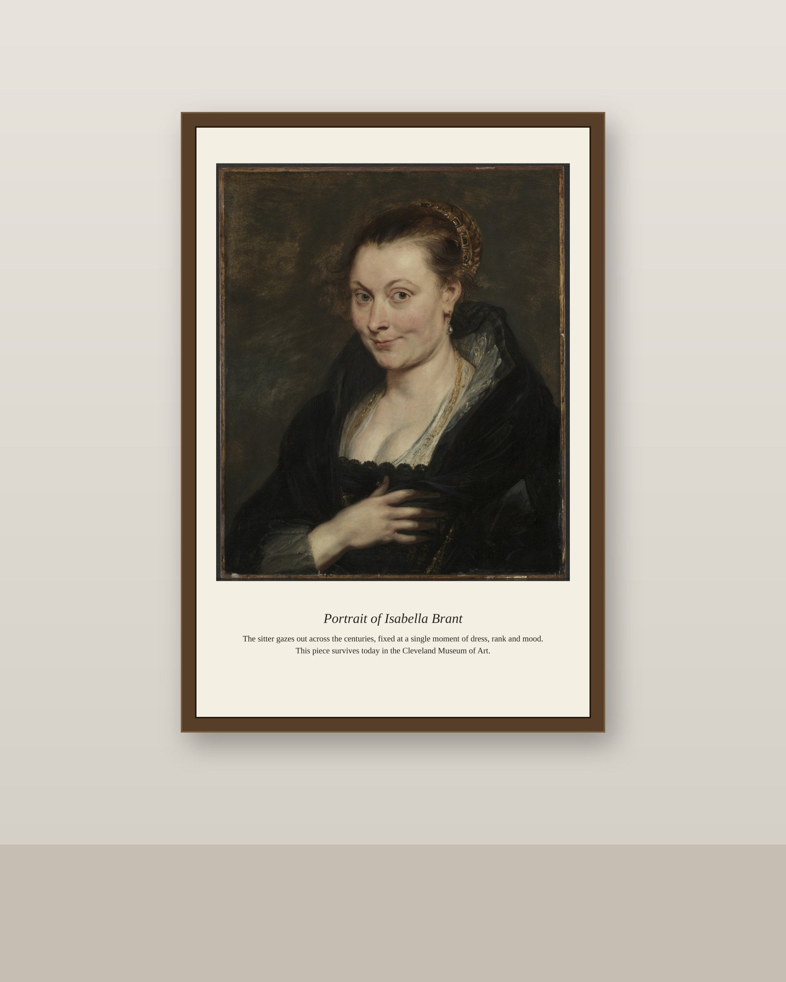 Portrait of Isabella Brant antique portrait print shown framed on a wall in a styled room