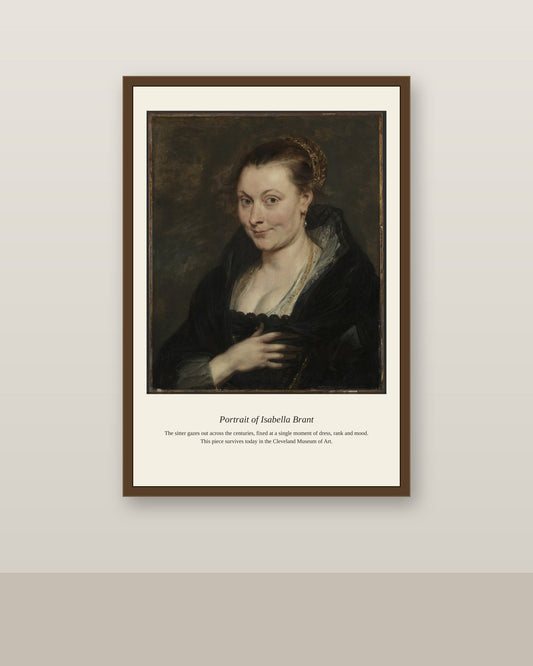 Portrait of Isabella Brant antique portrait print shown framed on a wall in a styled room