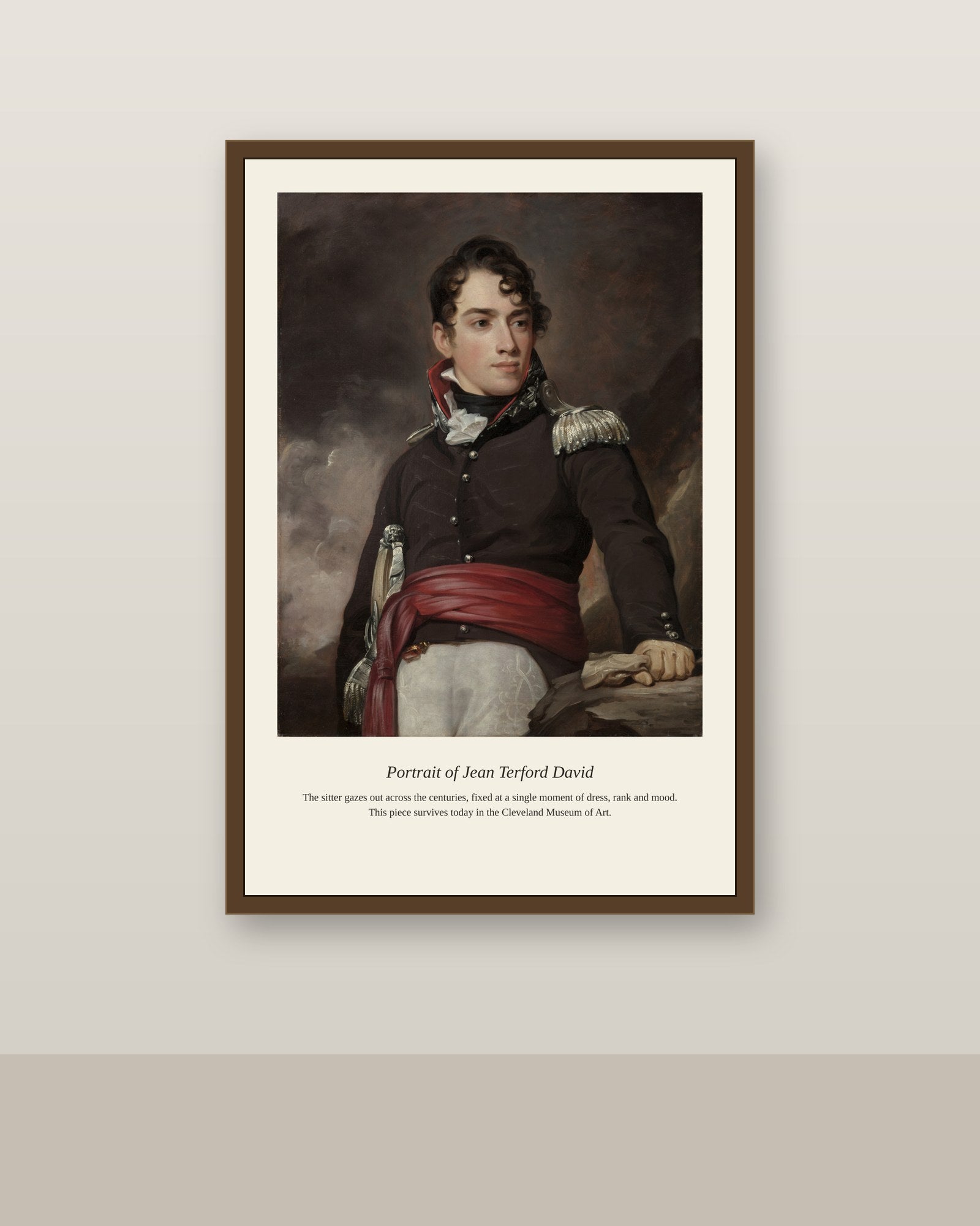 Portrait of Jean Terford David antique portrait print shown framed on a wall in a styled room