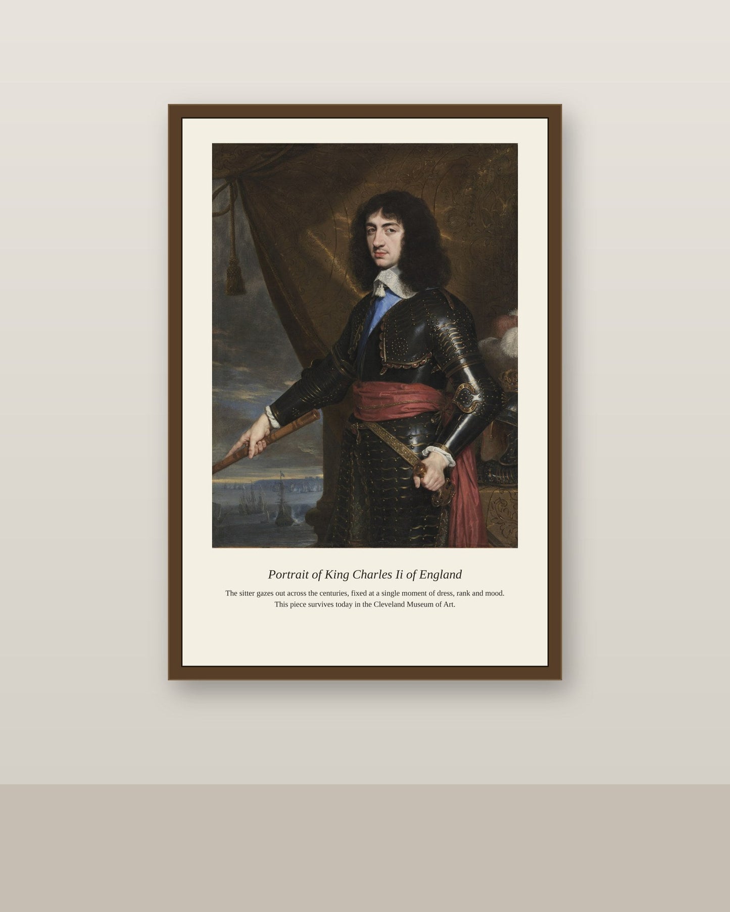 Portrait of King Charles Ii of England antique portrait print shown framed on a wall in a styled room