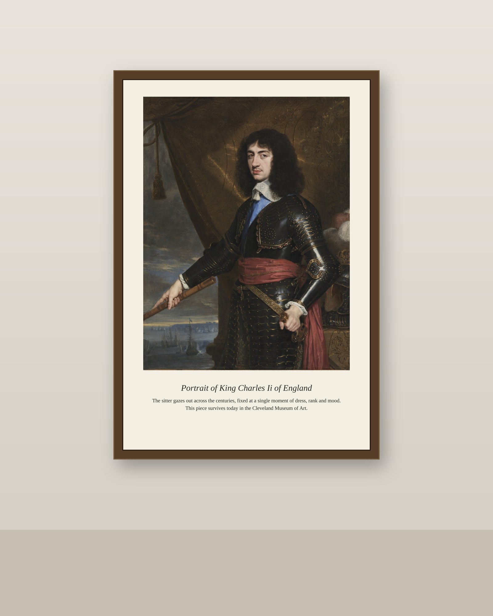 Portrait of King Charles Ii of England antique portrait print shown framed on a wall in a styled room