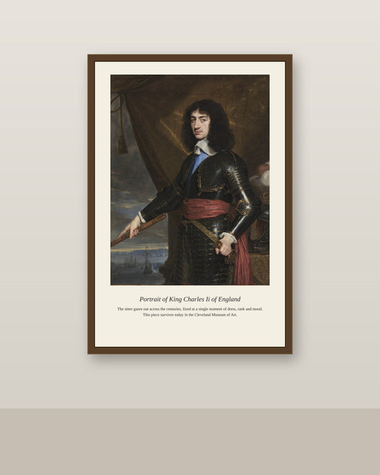 Portrait of King Charles Ii of England antique portrait print shown framed on a wall in a styled room
