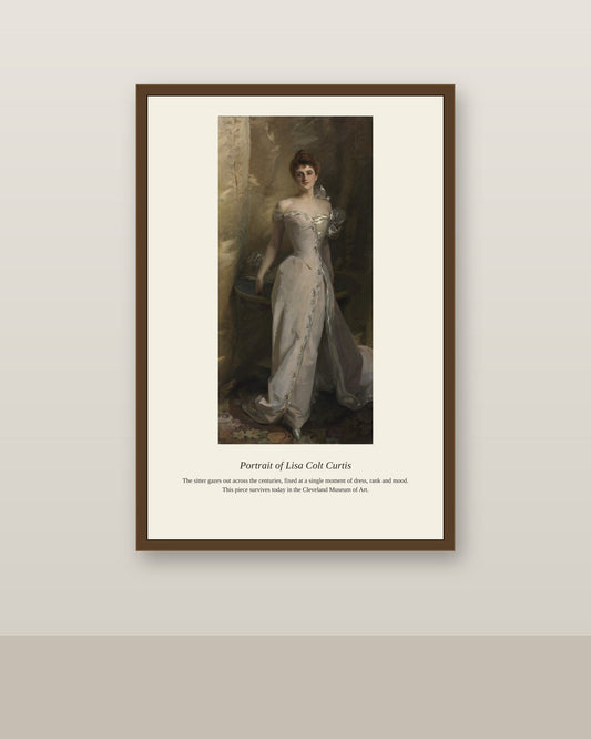 Portrait of Lisa Colt Curtis antique portrait print shown framed on a wall in a styled room