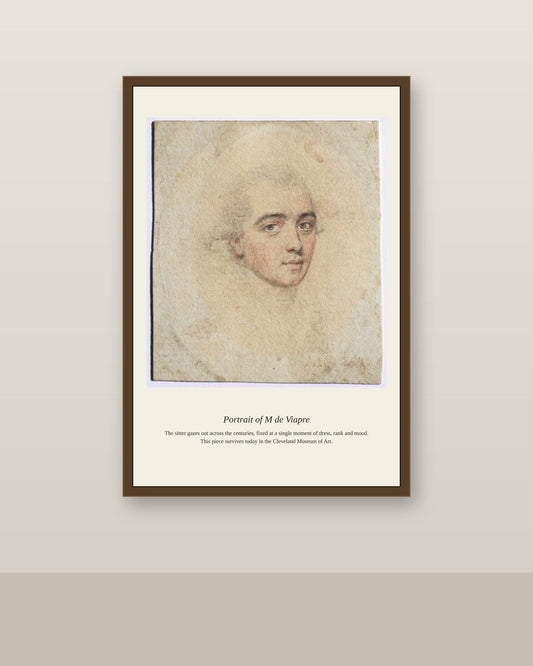 Portrait of M de Viapre antique portrait print shown framed on a wall in a styled room