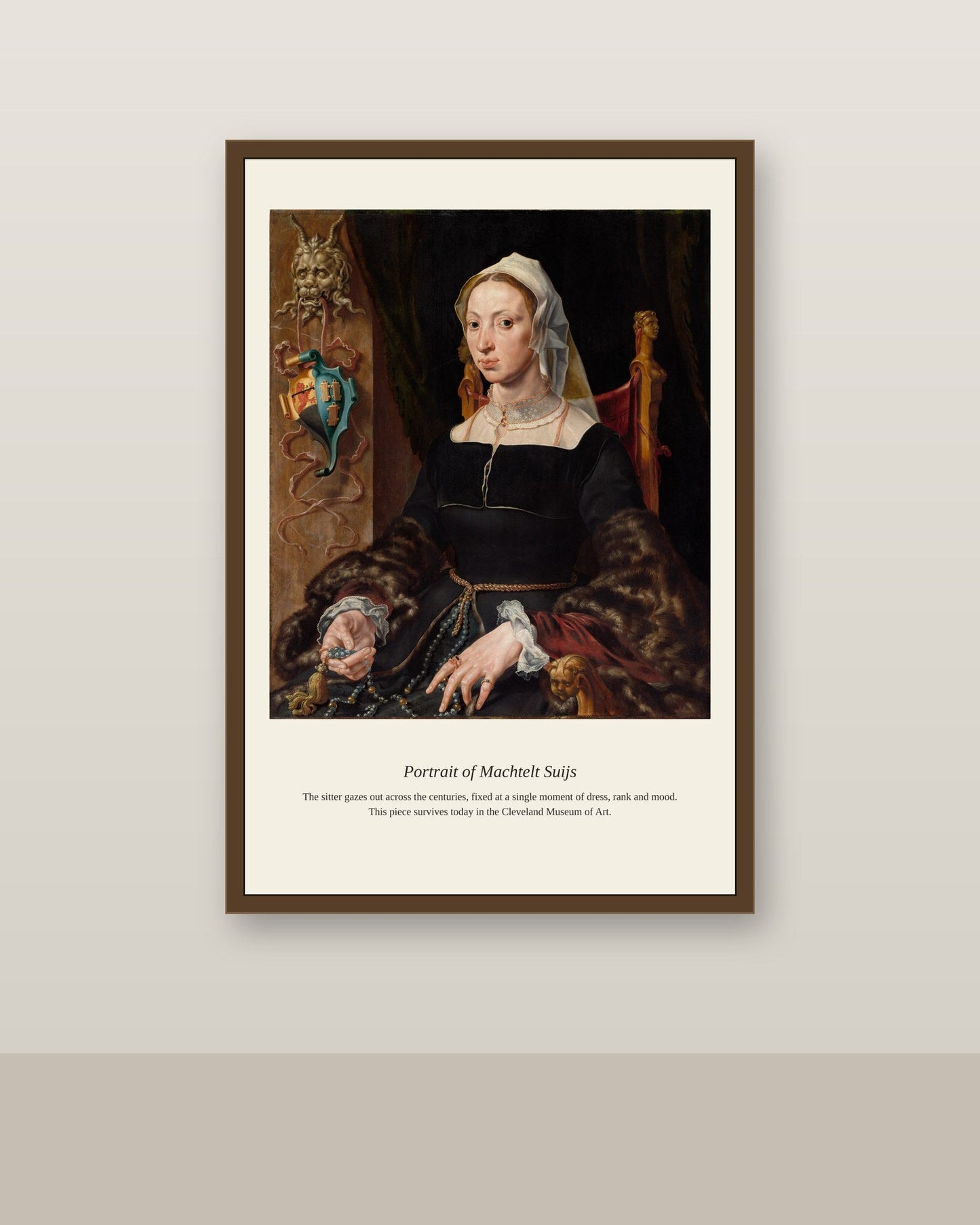 Portrait of Machtelt Suijs antique portrait print shown framed on a wall in a styled room