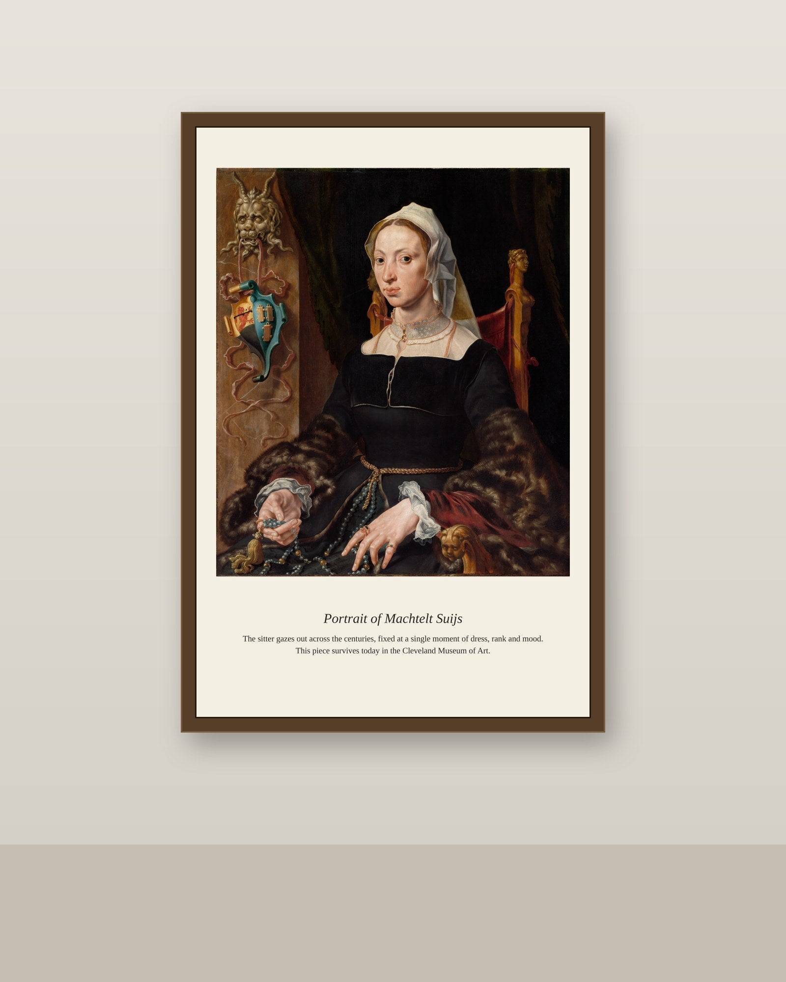 Portrait of Machtelt Suijs antique portrait print shown framed on a wall in a styled room