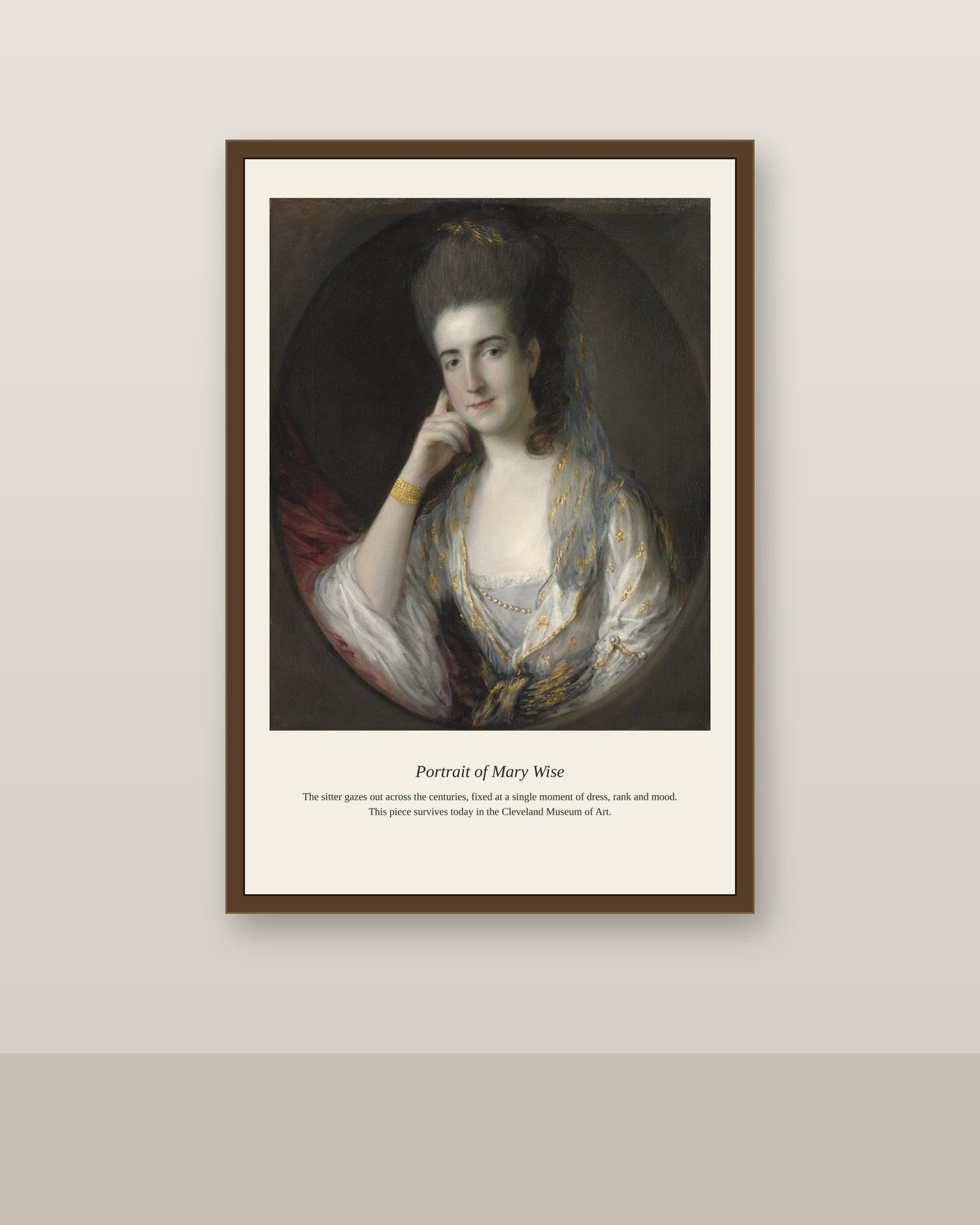 Portrait of Mary Wise antique portrait print shown framed on a wall in a styled room