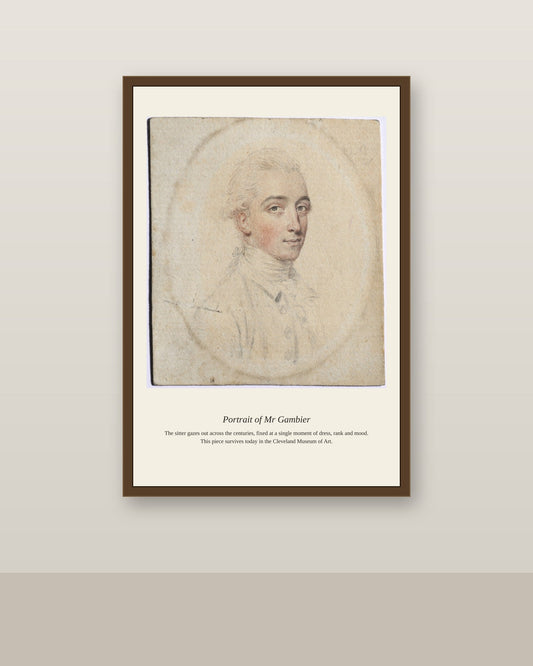 Portrait of Mr Gambier antique portrait print shown framed on a wall in a styled room