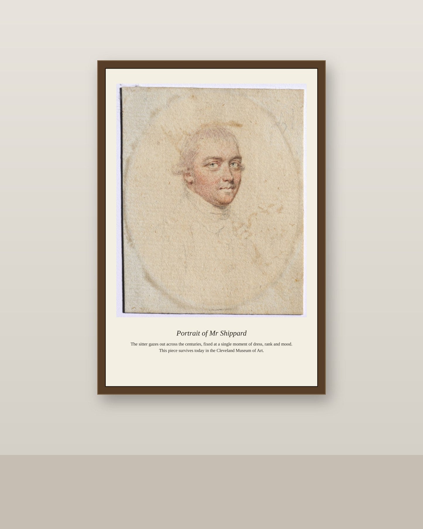 Portrait of Mr Shippard antique portrait print shown framed on a wall in a styled room