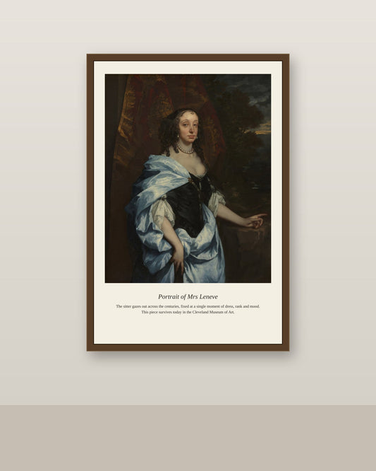 Portrait of Mrs Leneve antique portrait print shown framed on a wall in a styled room