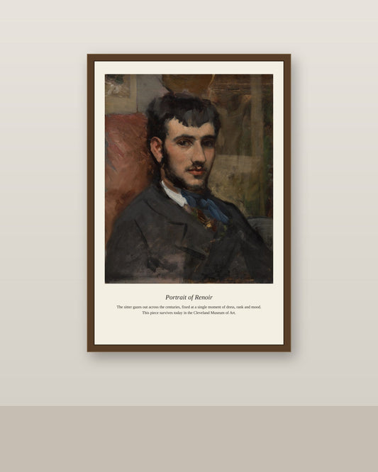 Portrait of Renoir antique portrait print shown framed on a wall in a styled room
