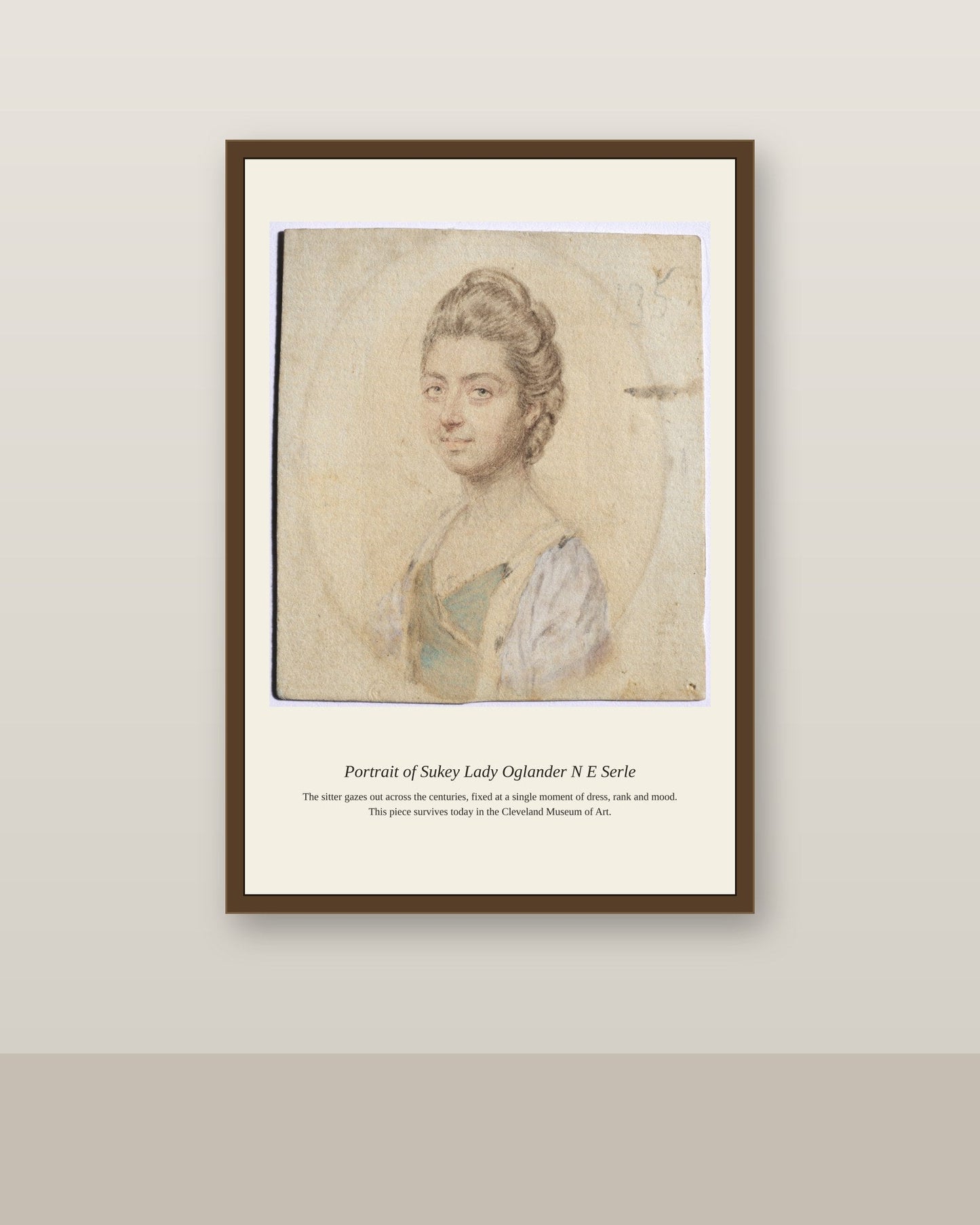 Portrait of Sukey, Lady Oglander (nee Serle) antique portrait print shown framed on a wall in a styled room