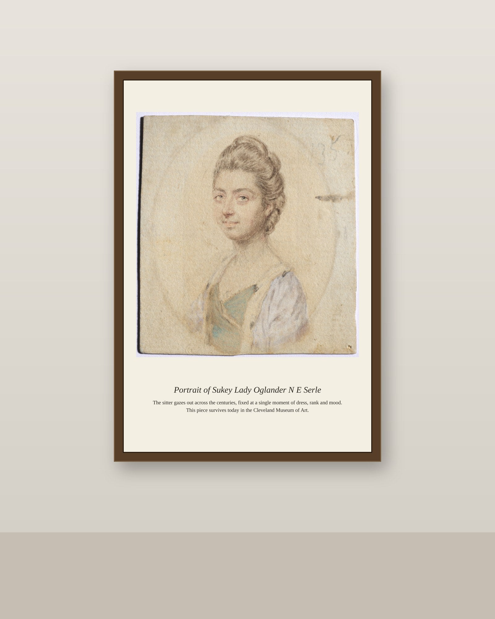Portrait of Sukey, Lady Oglander (nee Serle) antique portrait print shown framed on a wall in a styled room