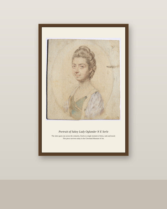 Portrait of Sukey, Lady Oglander (nee Serle) antique portrait print shown framed on a wall in a styled room