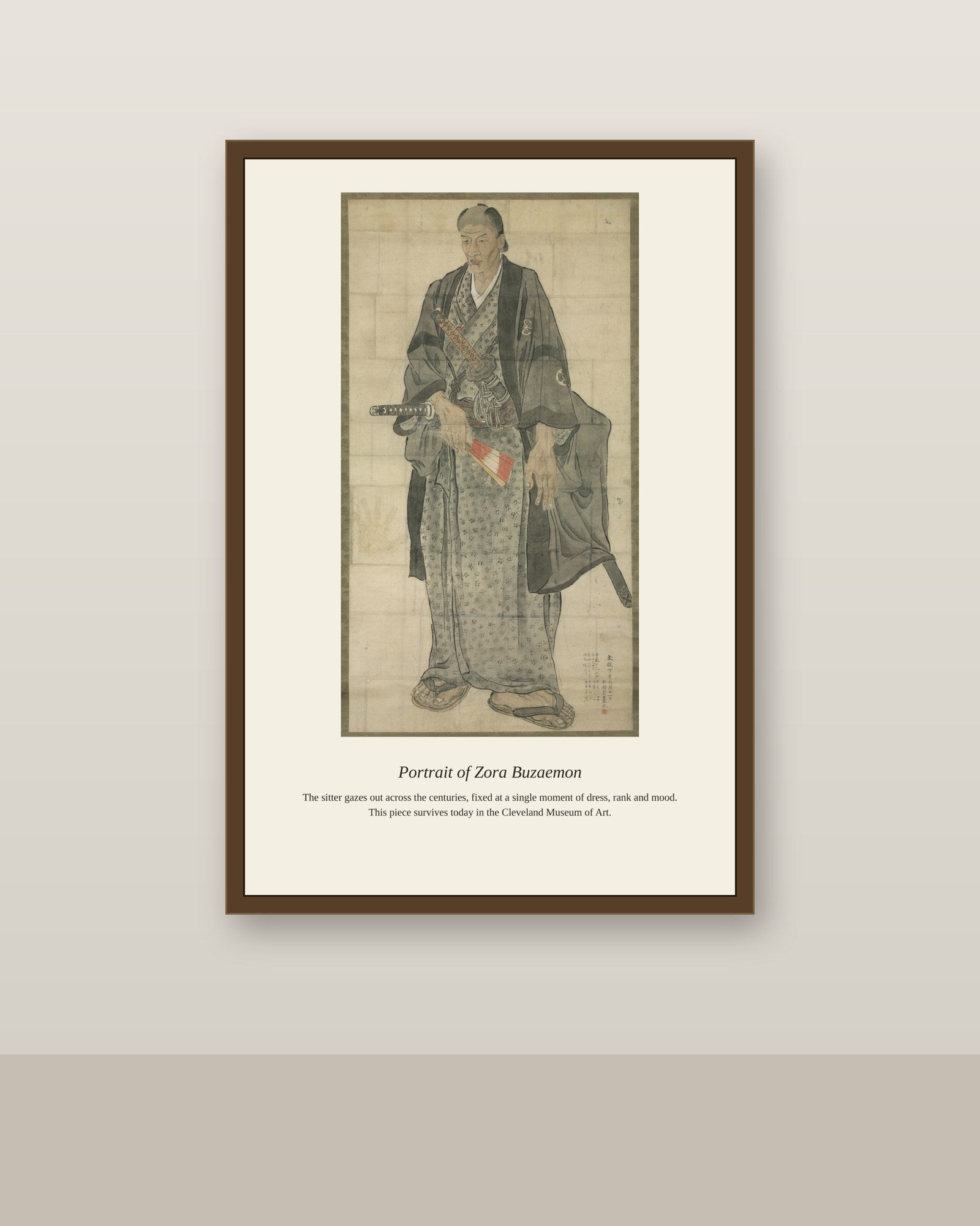 Portrait of Zora Buzaemon antique portrait print shown framed on a wall in a styled room