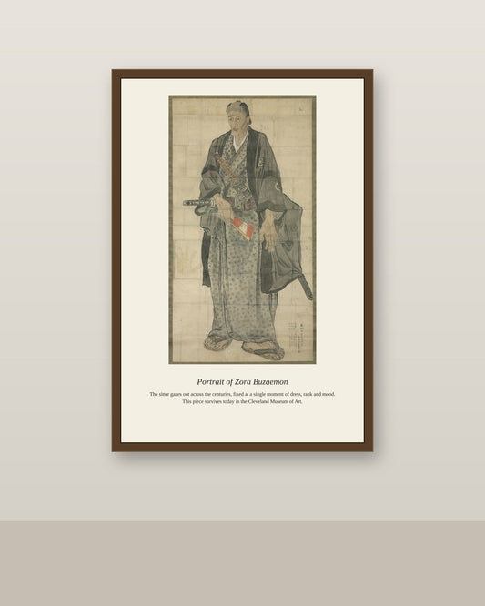 Portrait of Zora Buzaemon antique portrait print shown framed on a wall in a styled room