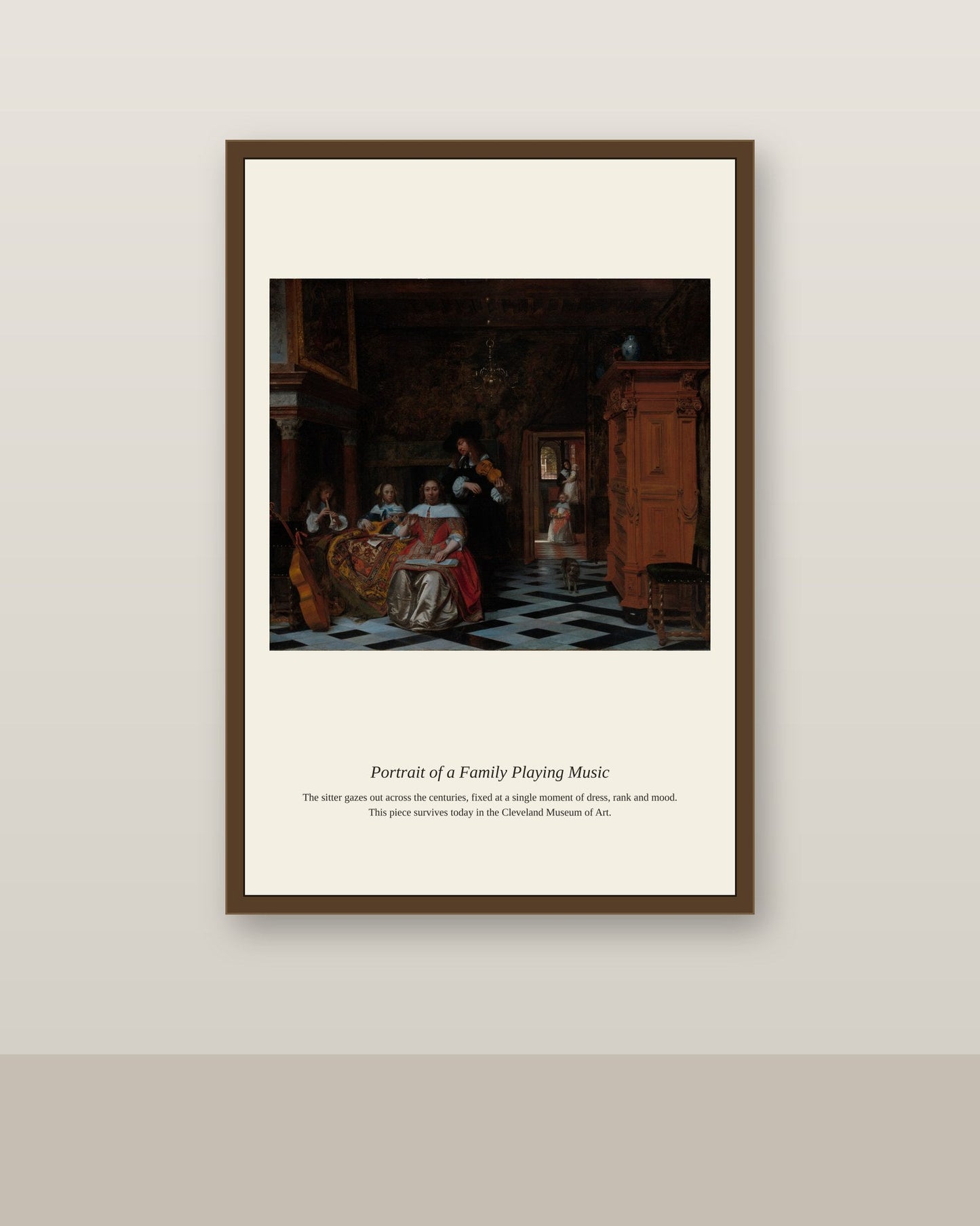 Portrait of a Family Playing Music antique portrait print shown framed on a wall in a styled room