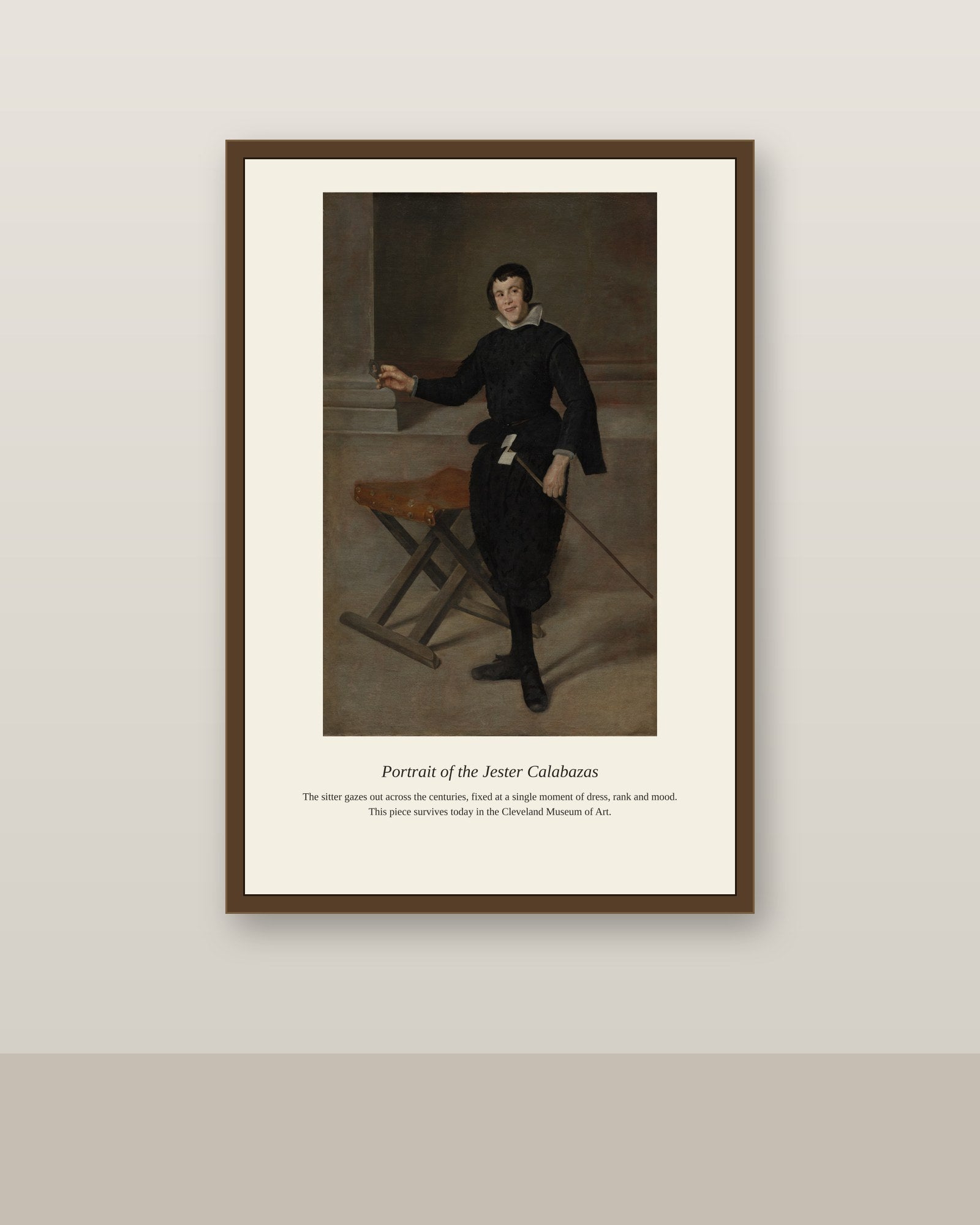 Portrait of the Jester Calabazas antique portrait print shown framed on a wall in a styled room