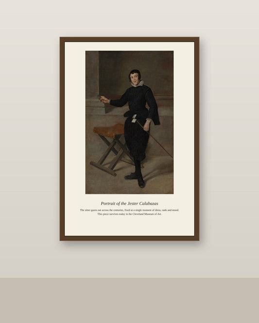 Portrait of the Jester Calabazas antique portrait print shown framed on a wall in a styled room