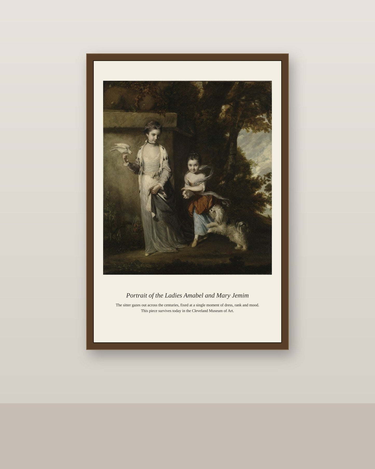 Portrait of the Ladies Amabel and Mary Jemim antique portrait print shown framed on a wall in a styled room