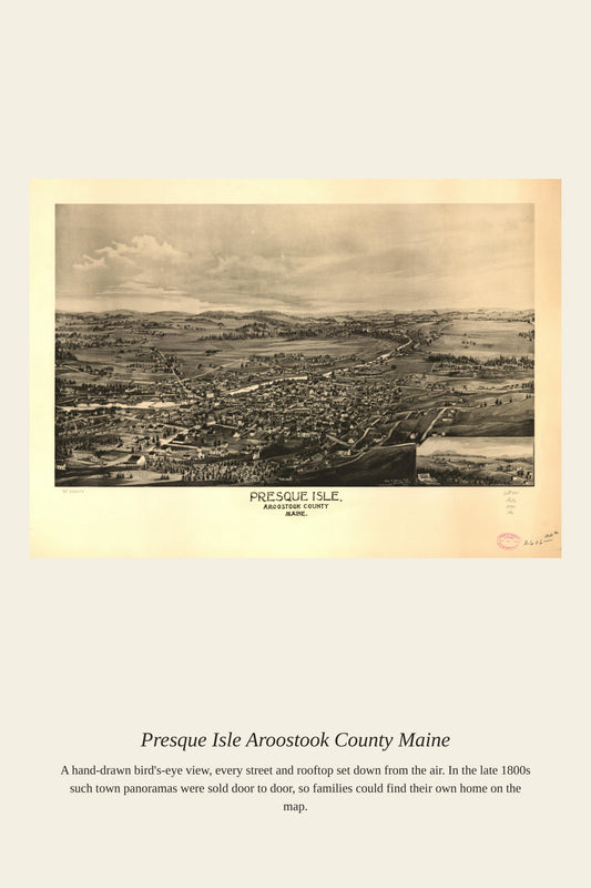 Antique sepia bird's-eye panoramic view of Presque Isle Aroostook County Maine with farmland and hills