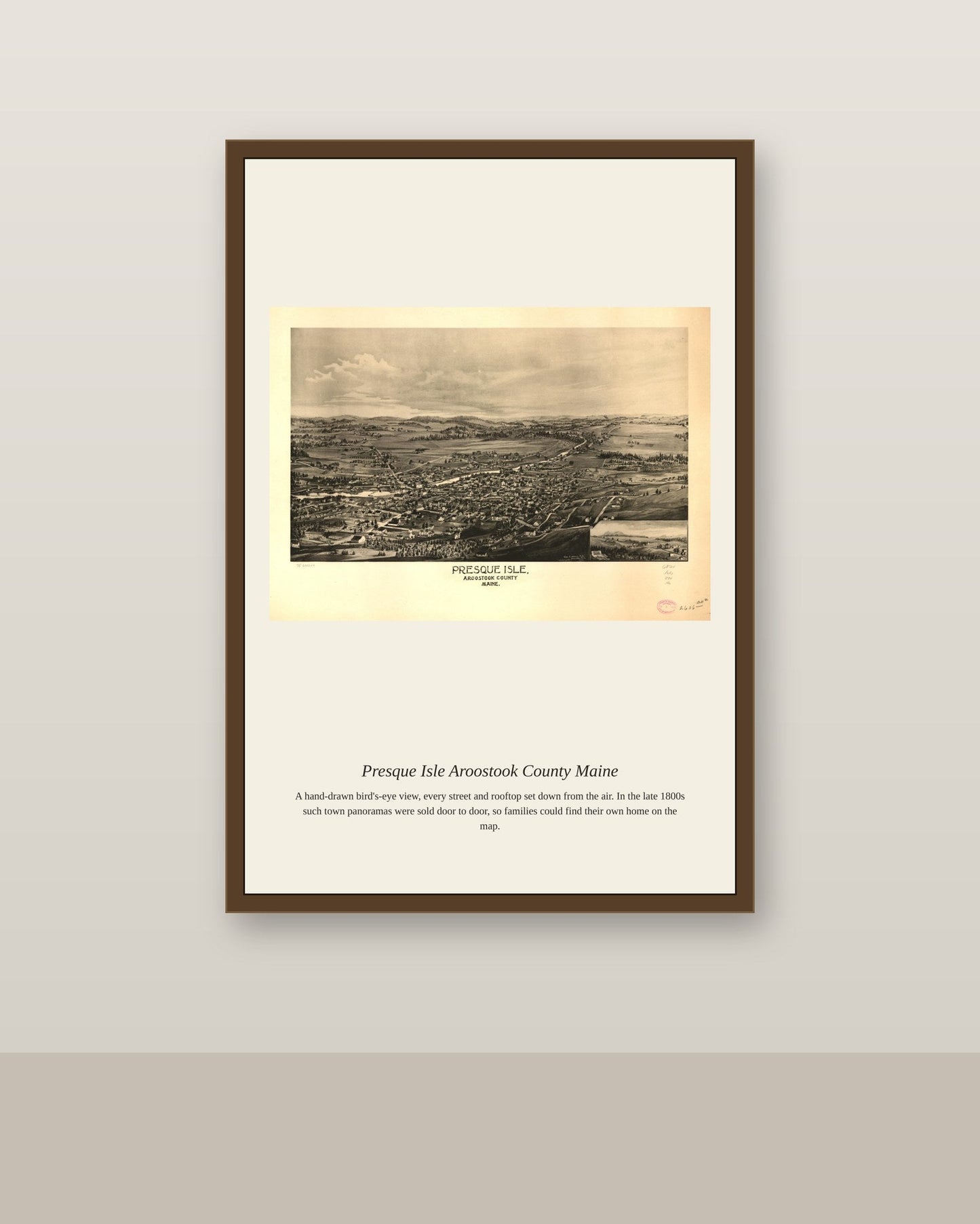 Presque Isle Aroostook County Maine antique map print shown framed on a wall in a styled room