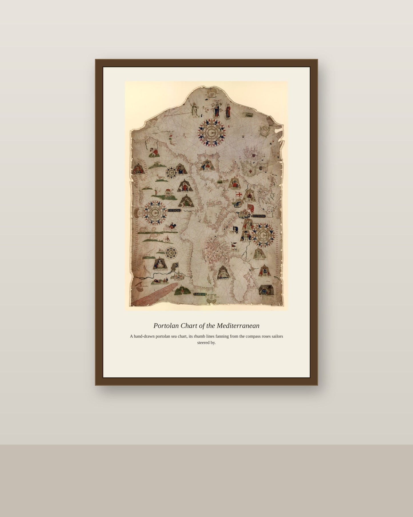 Prunes Chart of the Mediterranean antique nautical chart print shown framed on a wall in a styled room
