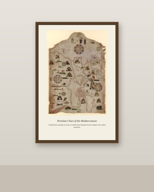 Prunes Chart of the Mediterranean antique nautical chart print shown framed on a wall in a styled room