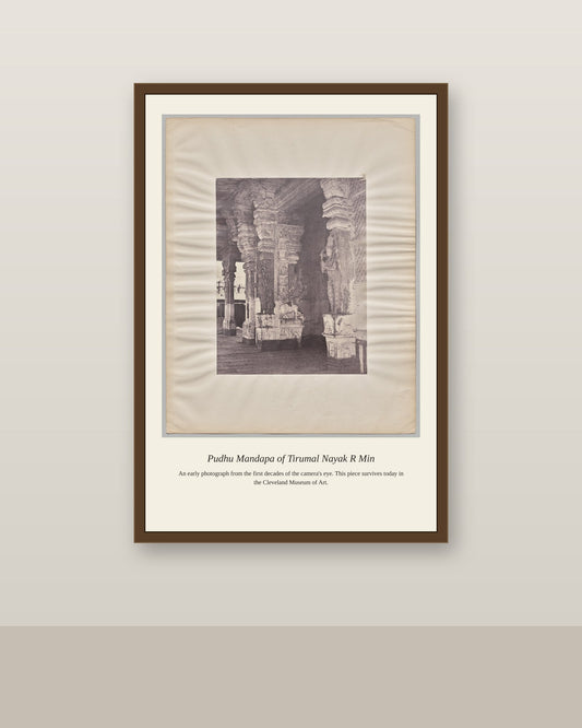 Pudhu Mandapa of Tirumal Nayak R Min antique photograph print shown framed on a wall in a styled room
