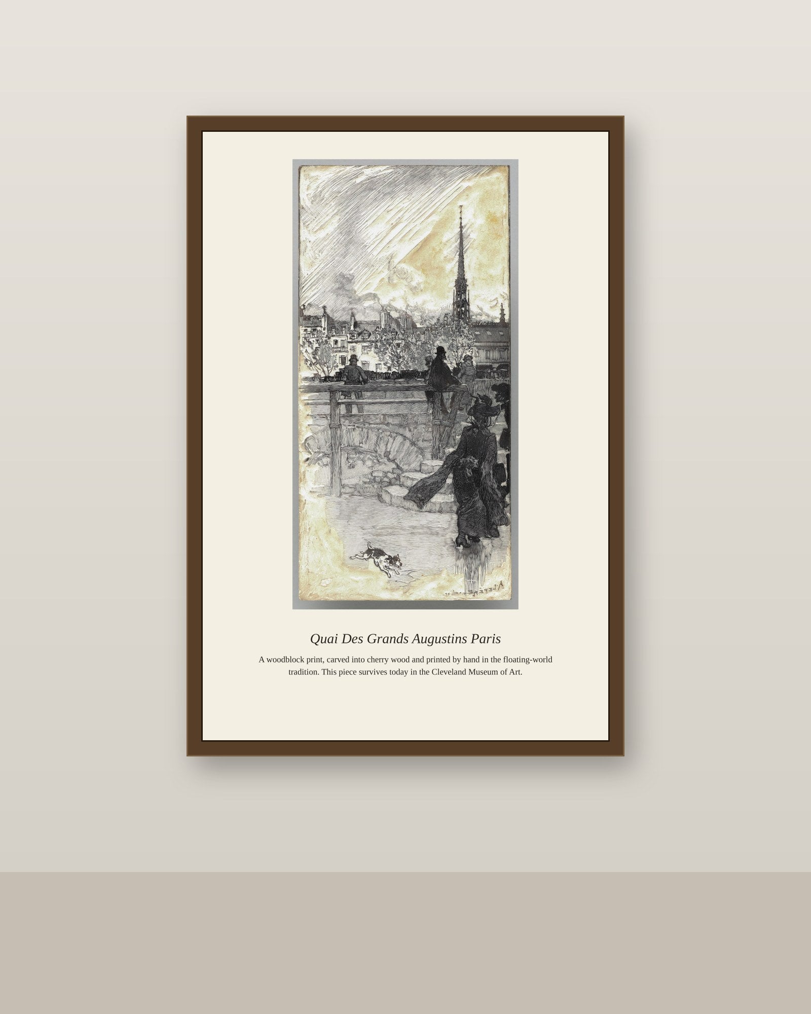 Quai Des Grands Augustins Paris antique mythological print shown framed on a wall in a styled room